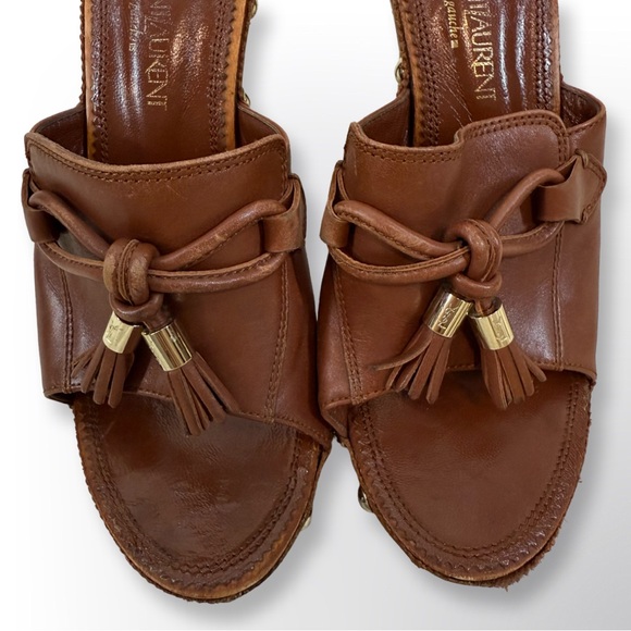 YSL Wood Heel Platform upper leather bow slides 37 - Picture 3 of 13